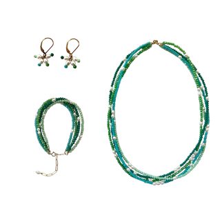 EBJ60019 Vibrant Green Multi-Strand Freshwater Pearl and Crystal Jewelry Set