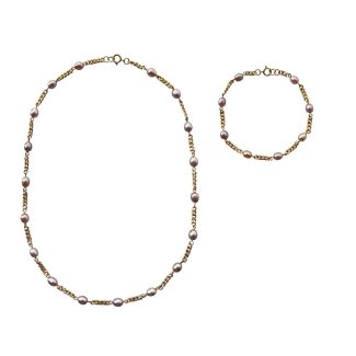 EBJ60022 Blush Freshwater Pearl Golden Chain Necklace and Bracelet Set